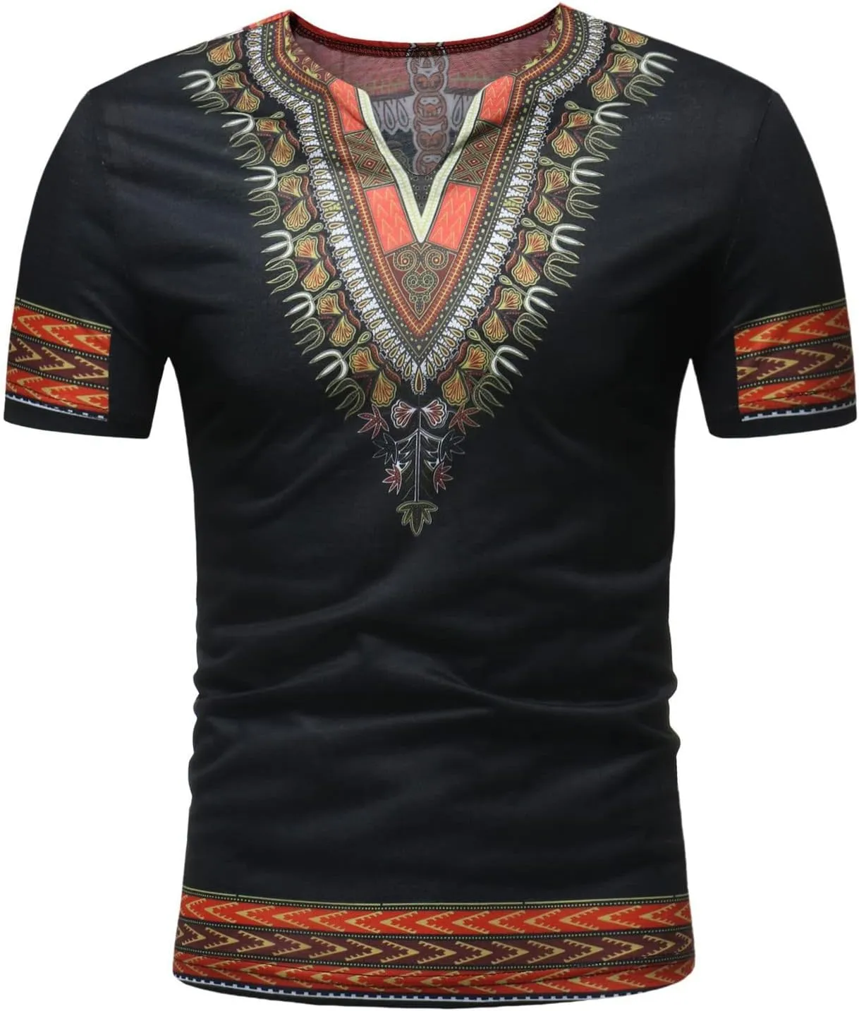 Mens African Dashiki T Shirt Tribal Floral Print V Neck Slim Fit Shirts Tops Casual Short Sleeve Tunic Blouse