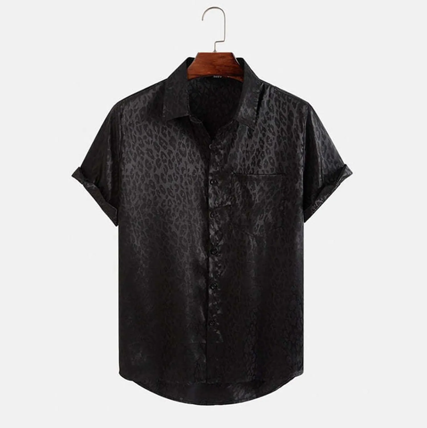 Men's Button Down Shirt 2024 Casual Holiday Jacquard Leopard Print Beach Loose Casual Short Sleeved Shirt