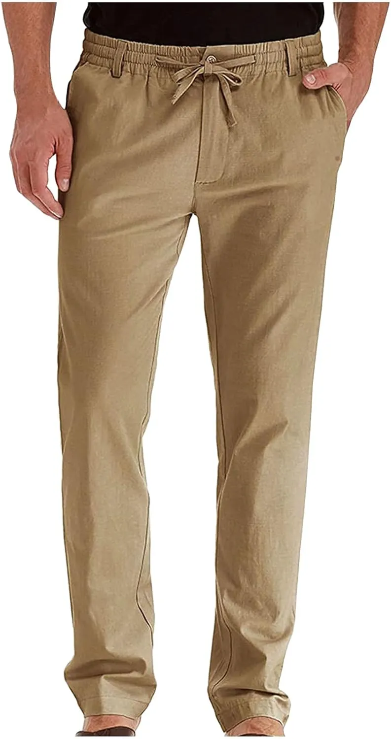 Mens Casual Chino Trouser Cotton Jogger Drawstring Elastic Waist Pants Solid Athletic Sweat Pants Pyjama Bottoms