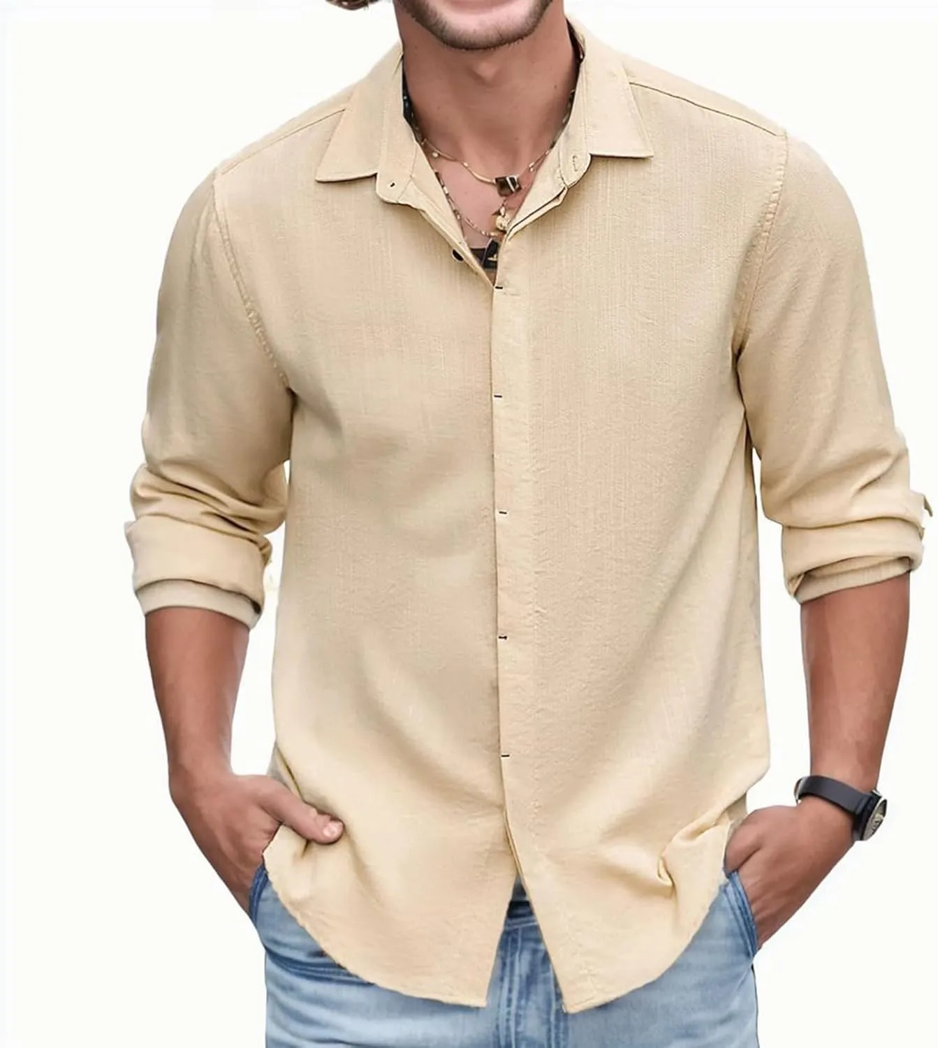 Mens Casual Fashion Solid Color Lapel Long Sleeve Cardigan Shirt Gradient Shirt Mens Shirts