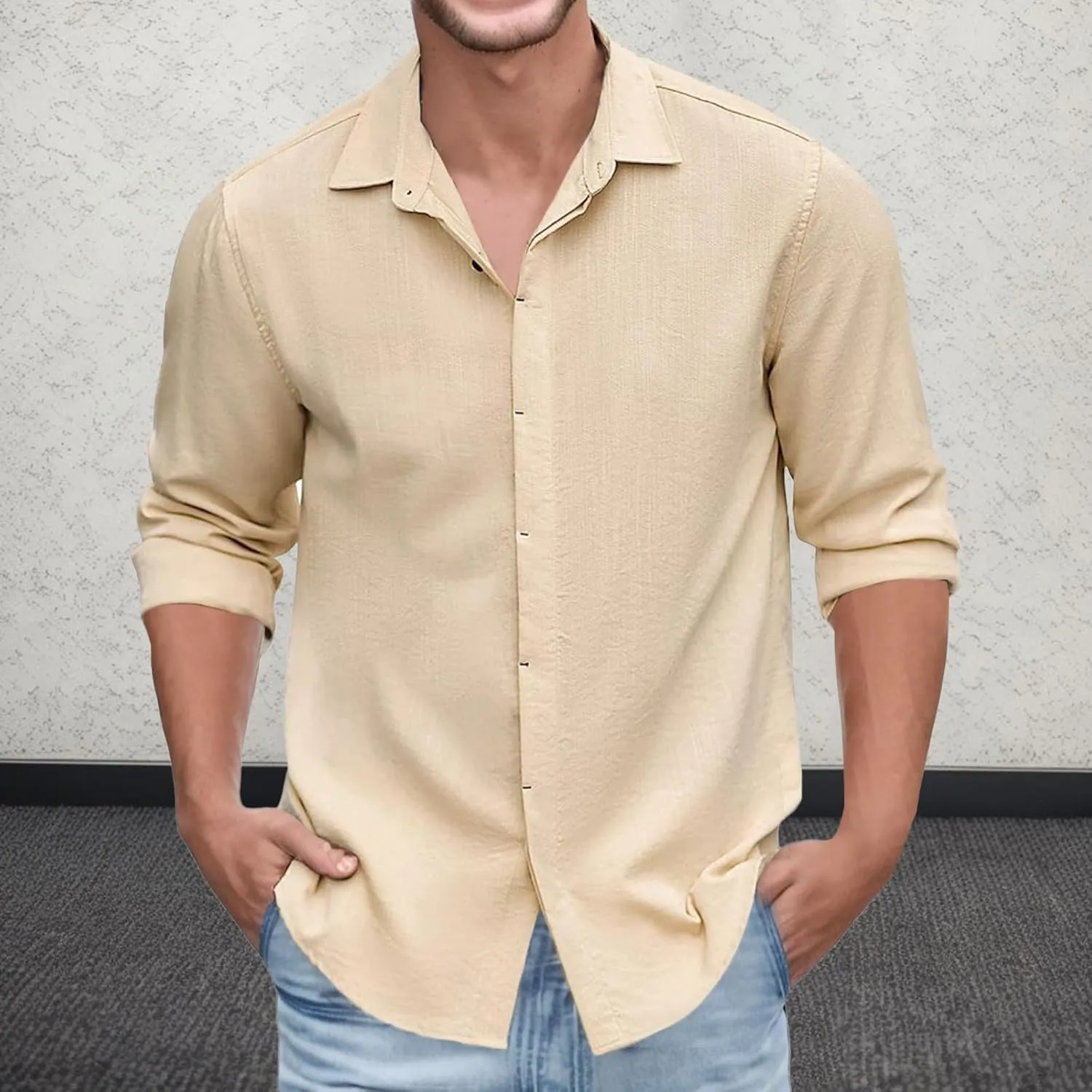 Mens Casual Fashion Solid Color Lapel Long Sleeve Cardigan Shirt Gradient Shirt Mens Shirts