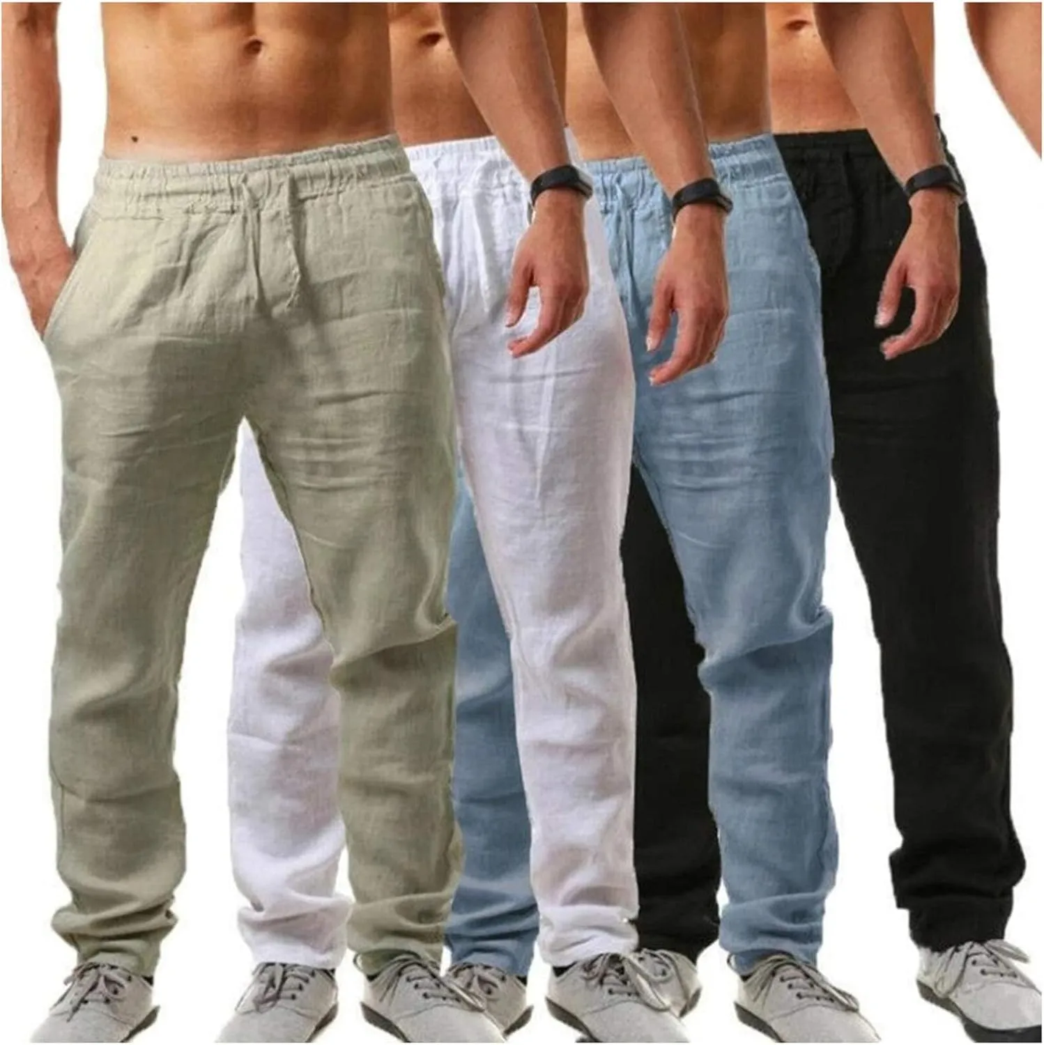 Mens Casual Linen Pants Loose Fit Elastic Waist Drawstring Straight-Legs Summer Yoga Beach Trousers with Pockets