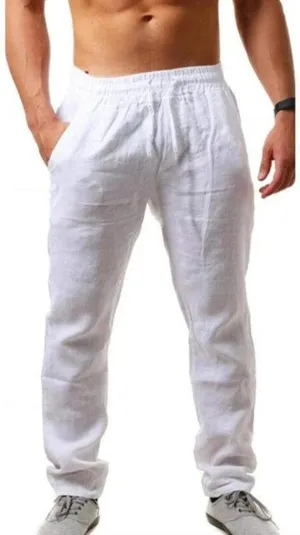 Mens Casual Linen Pants Loose Fit Elastic Waist Drawstring Straight-Legs Summer Yoga Beach Trousers with Pockets