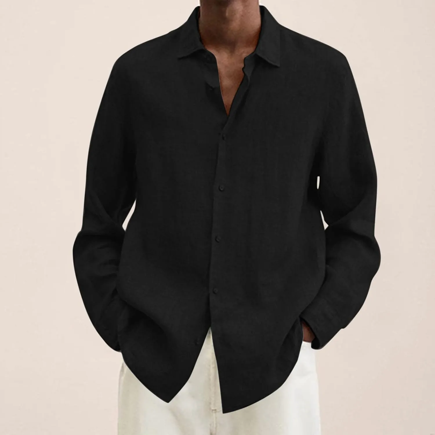 Mens Casual Long Sleeve Cotton Linen Shirts Summer Lightweight Button Down T-Shirts for Men Fashion Solid Vocation Beach Top