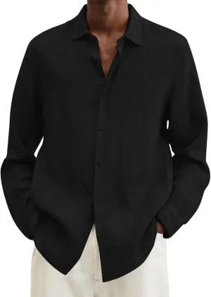 Mens Casual Long Sleeve Cotton Linen Shirts Summer Lightweight Button Down T-Shirts for Men Fashion Solid Vocation Beach Top