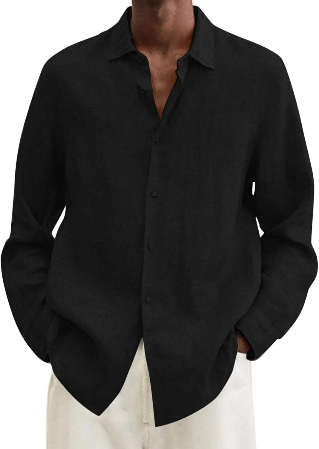 Mens Casual Long Sleeve Cotton Linen Shirts Summer Lightweight Button Down T-Shirts for Men Fashion Solid Vocation Beach Top