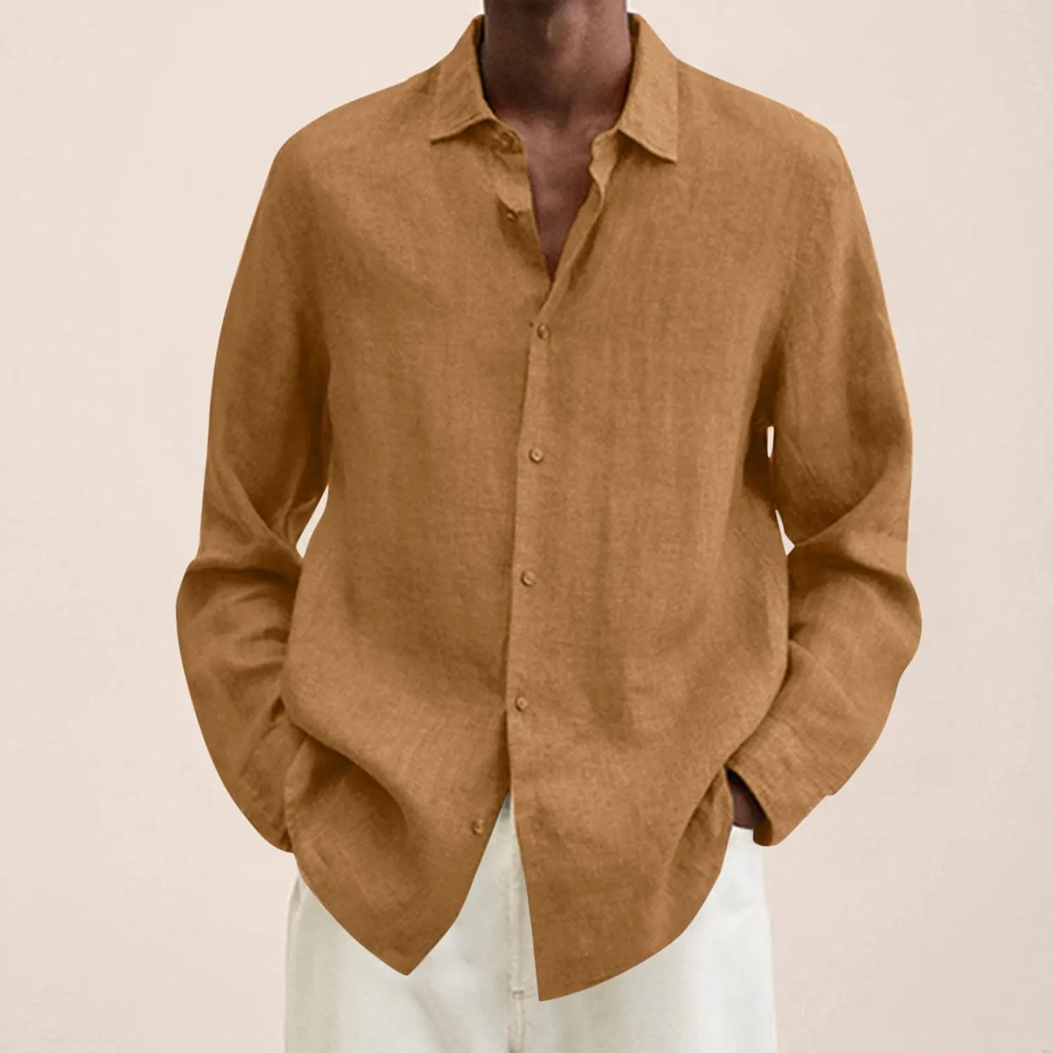 Mens Casual Long Sleeve Cotton Linen Shirts Summer Lightweight Button Down T-Shirts for Men Fashion Solid Vocation Beach Top