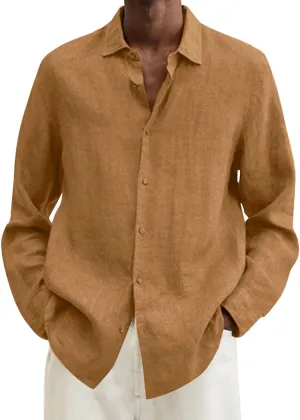 Mens Casual Long Sleeve Cotton Linen Shirts Summer Lightweight Button Down T-Shirts for Men Fashion Solid Vocation Beach Top