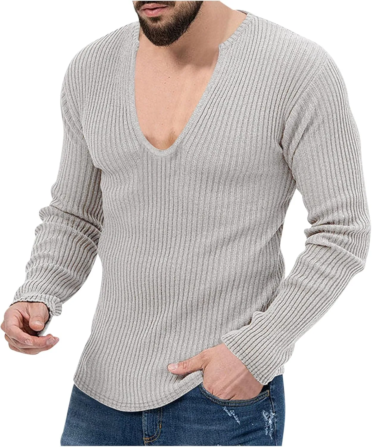 Men's Casual Slim Fit Deep V-Neck Pullover Long Sleeve Knitted Pullover Sweaters Top Lightweight Vintage Knitwear