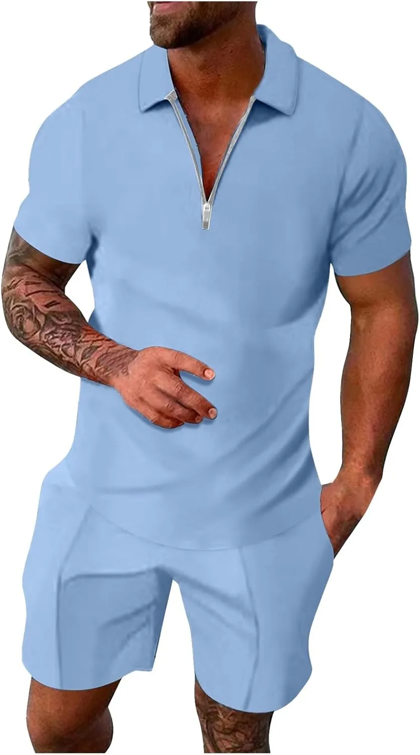 Men's Casual Tracksuits Set Quarter Zip Shirts and Drawstring Shorts Sets Summer Beach Outfits Fitted Shorts Sets Black Sweat Shorts Men