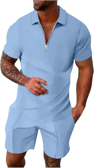 Men's Casual Tracksuits Set Quarter Zip Shirts and Drawstring Shorts Sets Summer Beach Outfits Fitted Shorts Sets Black Sweat Shorts Men