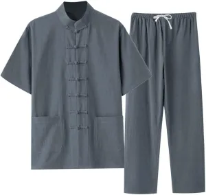 Mens Cotton Linen 2 Piece Outfits Short Sleeve Button Down T-Shirt and Baggy Pants Loungewear Set Summer Tracksuits Tang Suit