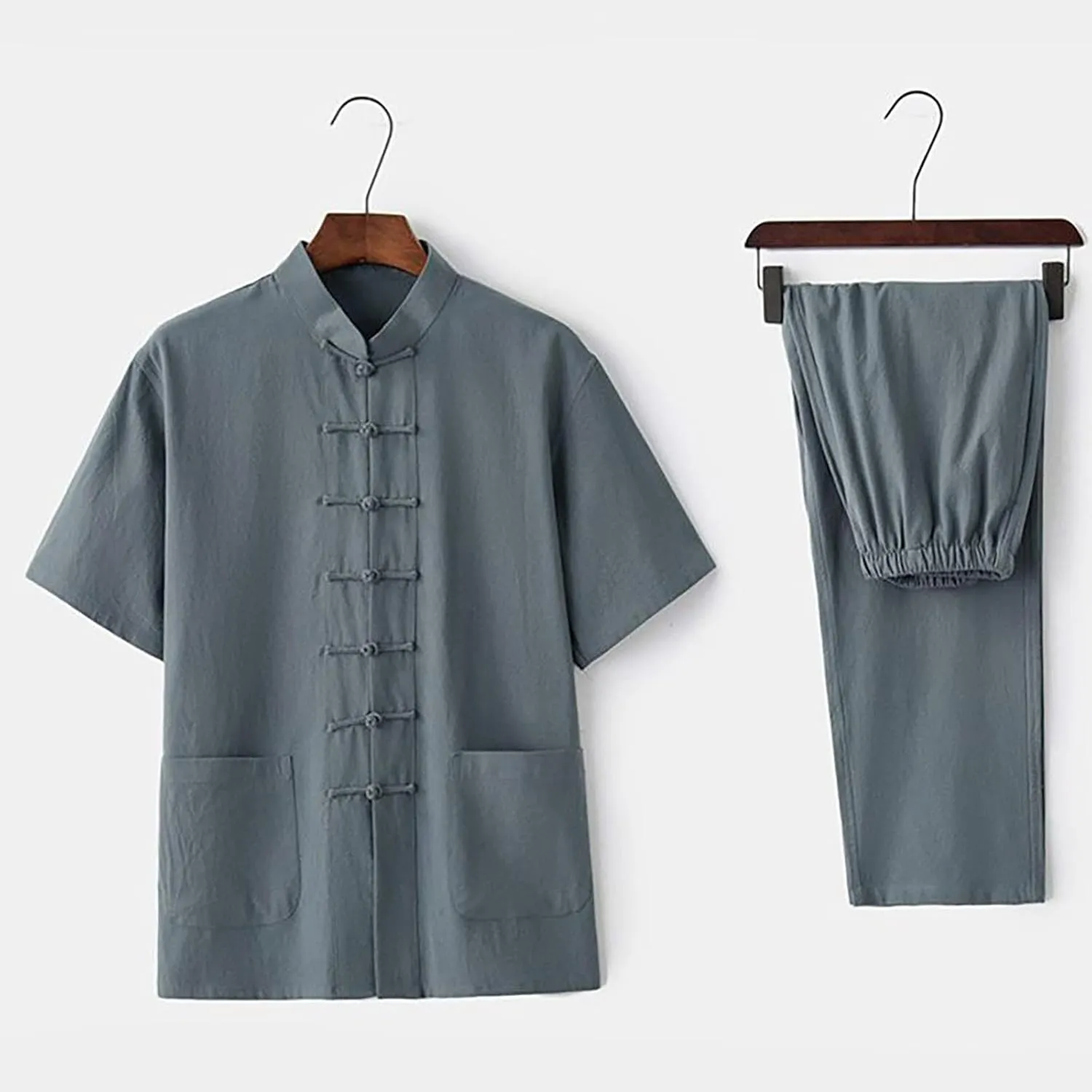 Mens Cotton Linen 2 Piece Outfits Short Sleeve Button Down T-Shirt and Baggy Pants Loungewear Set Summer Tracksuits Tang Suit