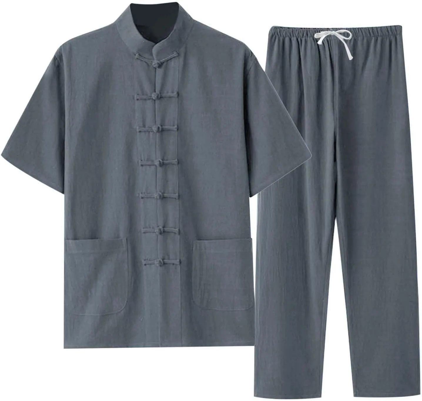 Mens Cotton Linen 2 Piece Outfits Short Sleeve Button Down T-Shirt and Baggy Pants Loungewear Set Summer Tracksuits Tang Suit