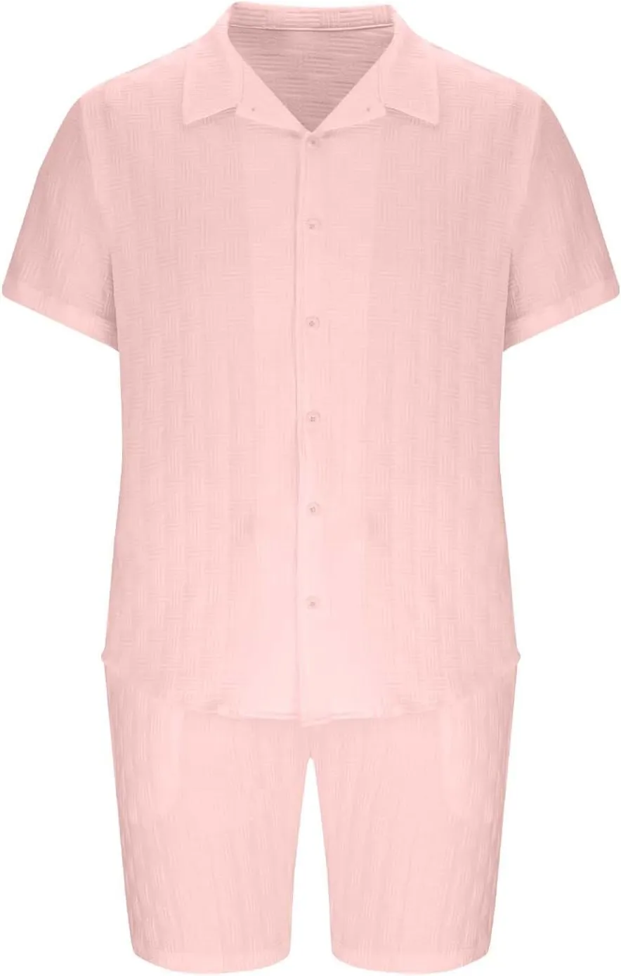 Mens Cotton Linen 2 Pieces Short Sets Short Sleeve Casual Button Down Shirt Sets Summer Beach Outfits Sets