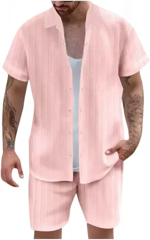 Mens Cotton Linen 2 Pieces Short Sets Short Sleeve Casual Button Down Shirt Sets Summer Beach Outfits Sets