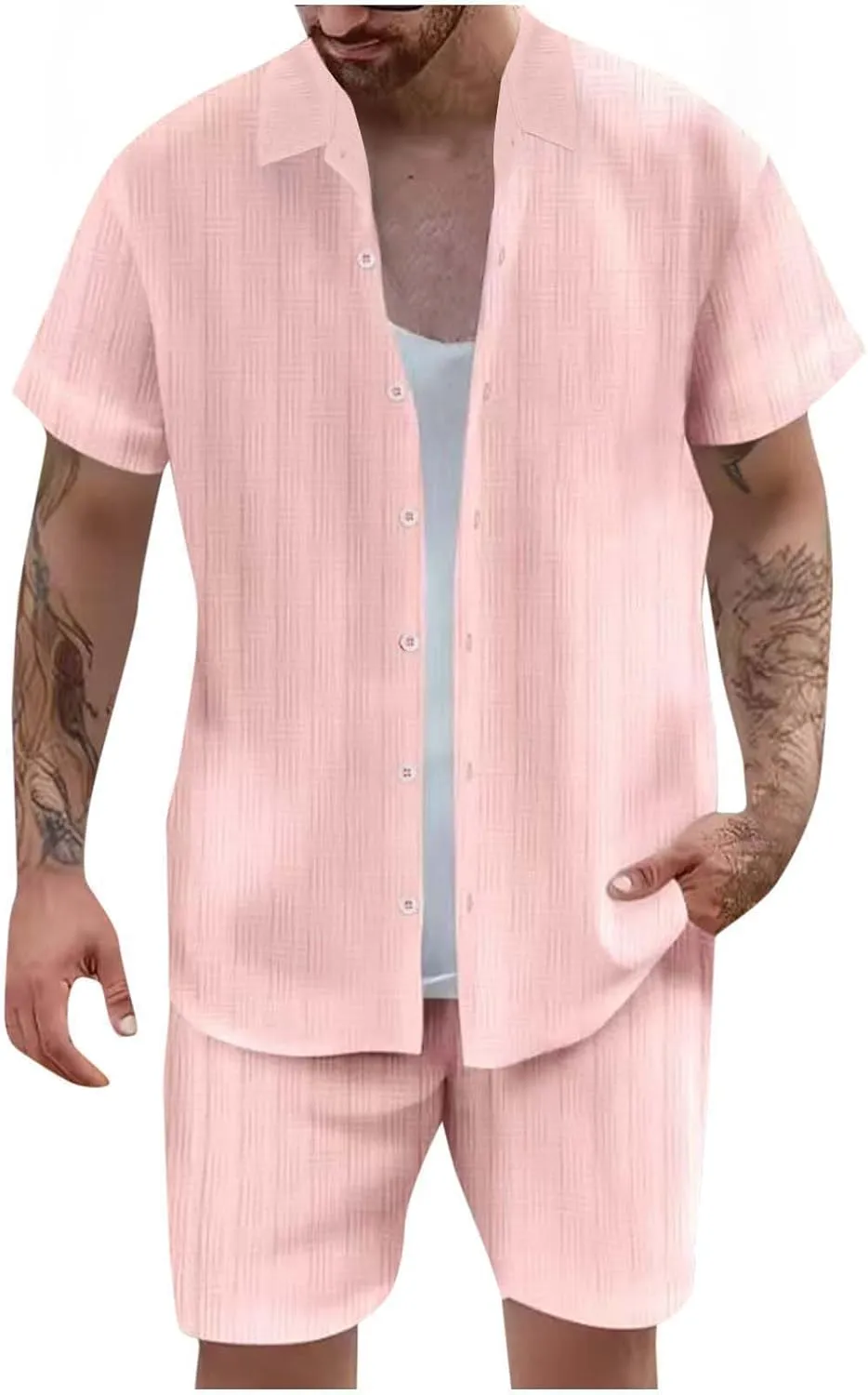 Mens Cotton Linen 2 Pieces Short Sets Short Sleeve Casual Button Down Shirt Sets Summer Beach Outfits Sets