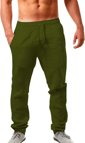 Mens Cotton Linen Casual Pants Drawstring Elastic Waist Workout Joggers Summer Lightweight Beach Yoga Trousers with Pockets