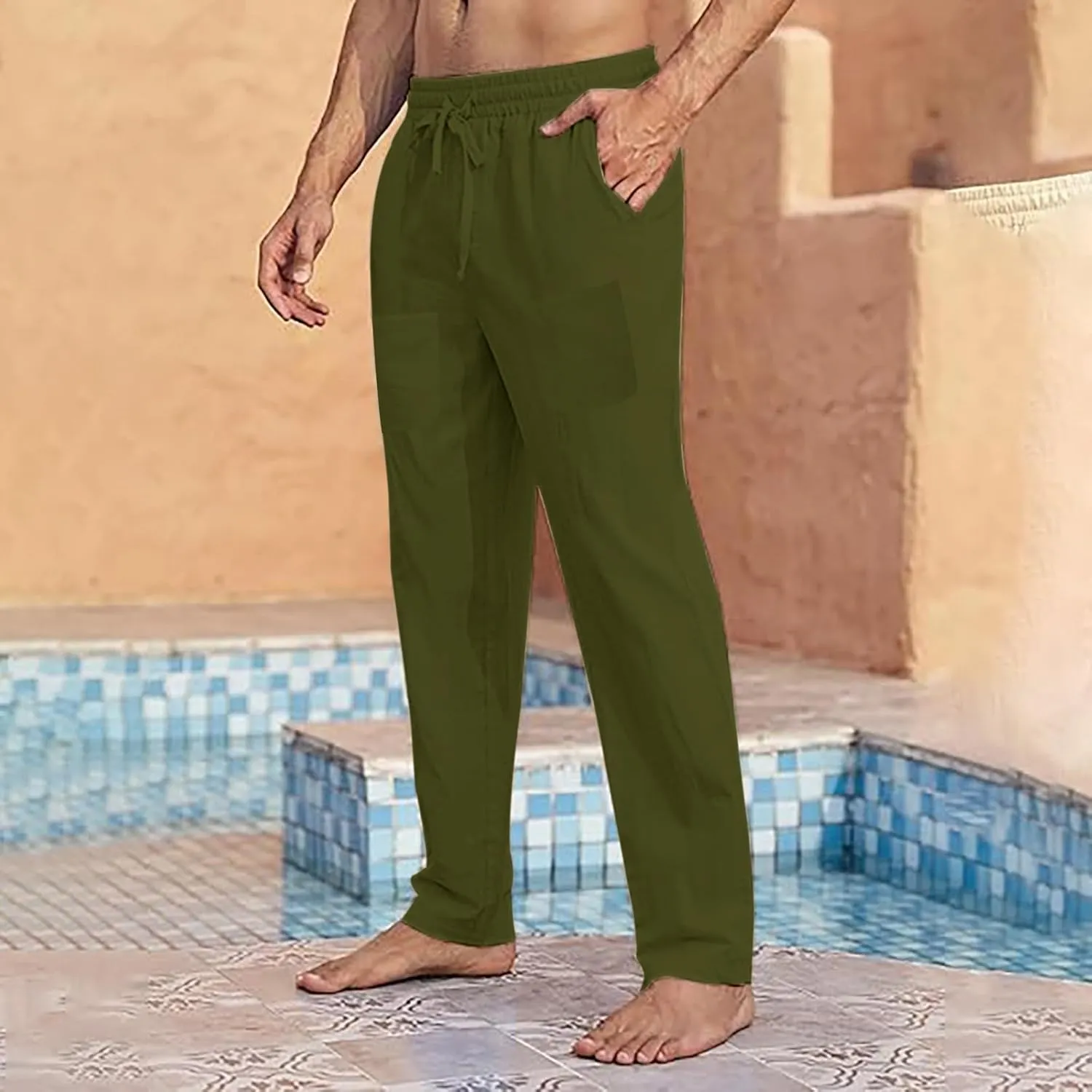 Mens Cotton Linen Casual Pants Drawstring Elastic Waist Workout Joggers Summer Lightweight Beach Yoga Trousers with Pockets