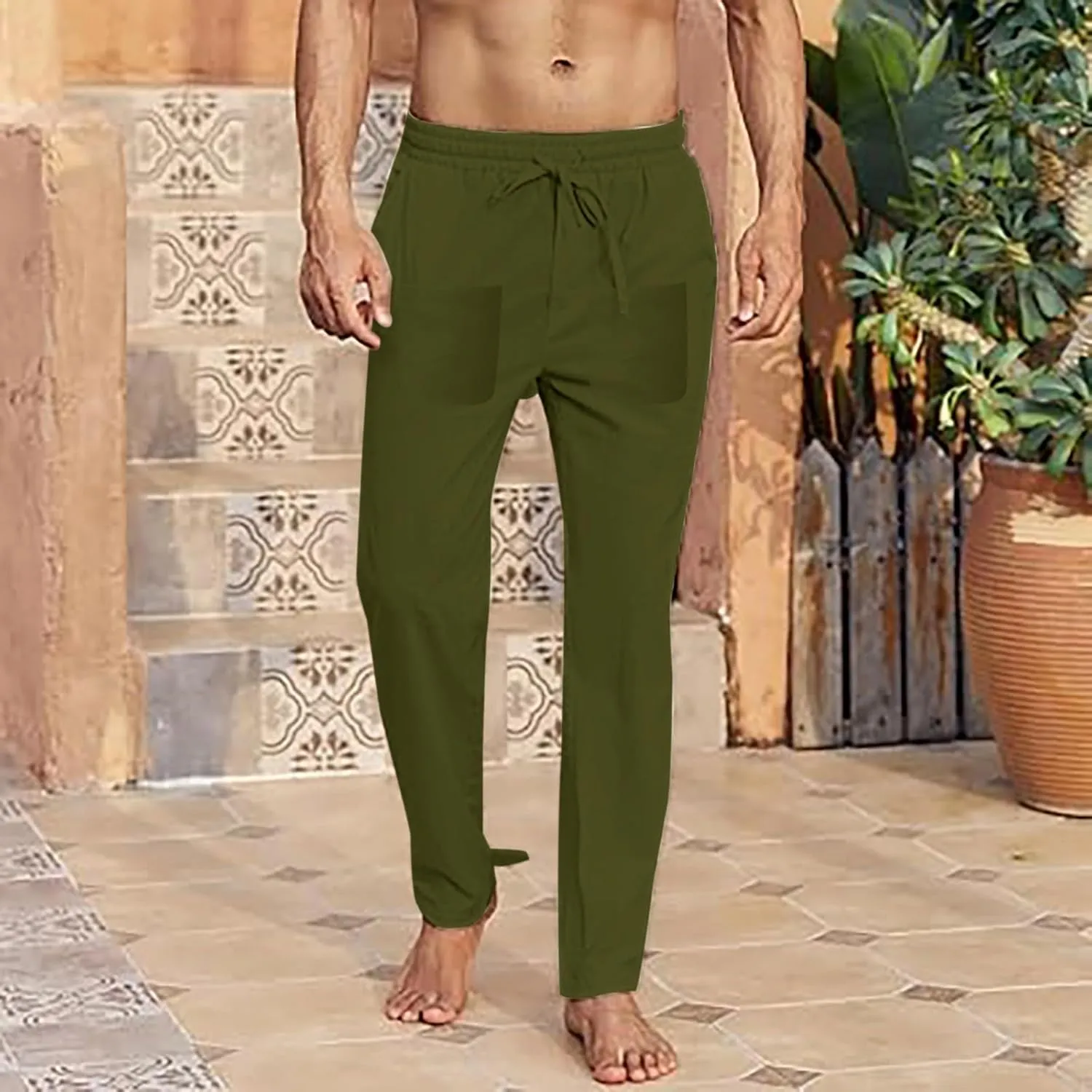 Mens Cotton Linen Casual Pants Drawstring Elastic Waist Workout Joggers Summer Lightweight Beach Yoga Trousers with Pockets