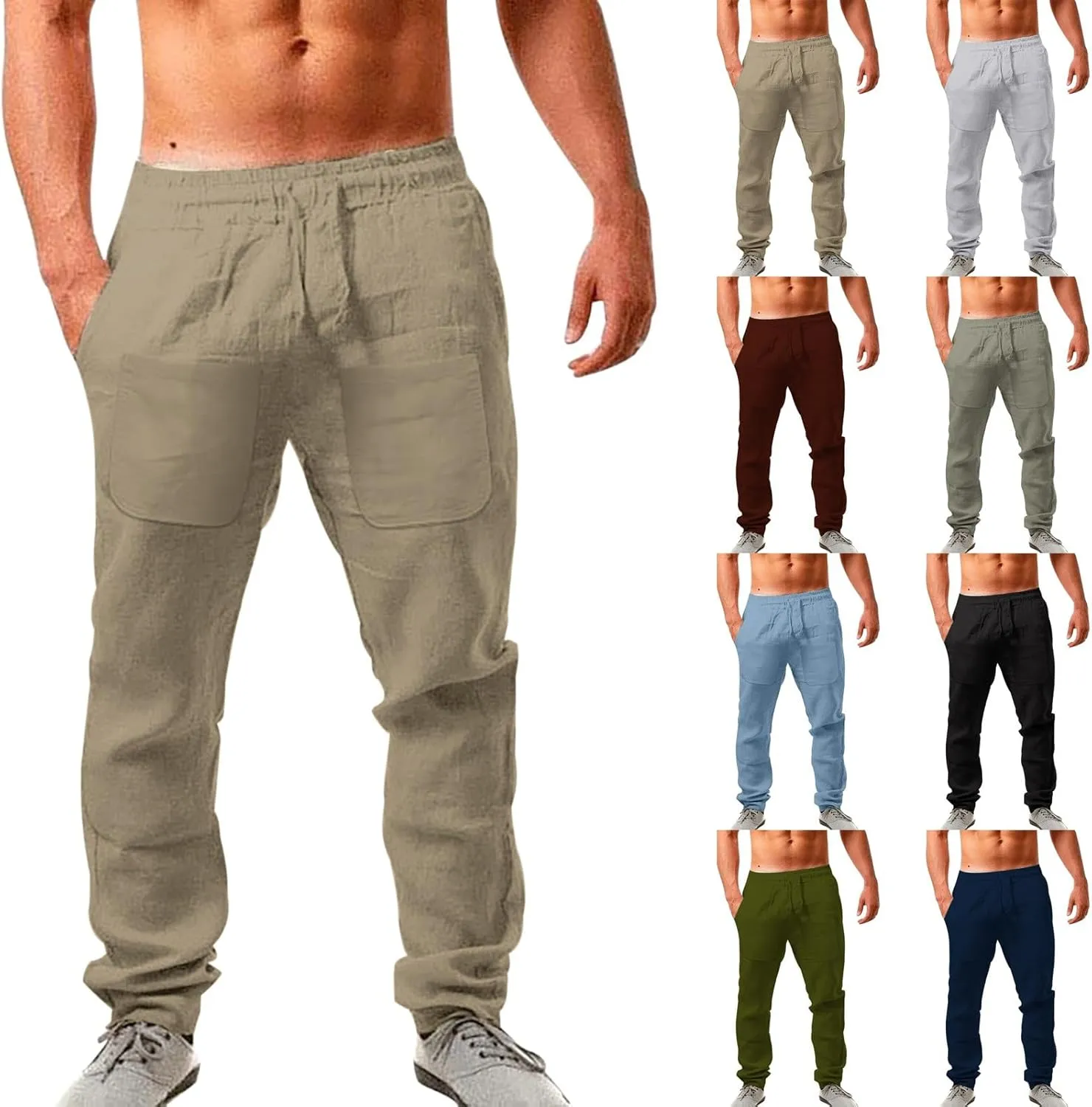 Mens Cotton Linen Casual Pants Drawstring Elastic Waist Workout Joggers Summer Lightweight Beach Yoga Trousers with Pockets
