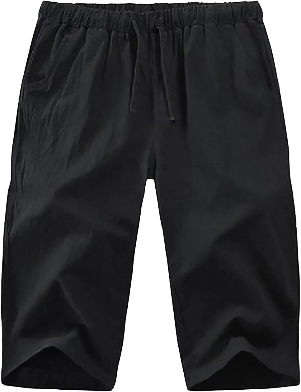 Mens Cotton Linen Pants, Elastic Drawstring Waist Lightweight Casual Beach Capri Short Pant Cropped Trousers with Pocket