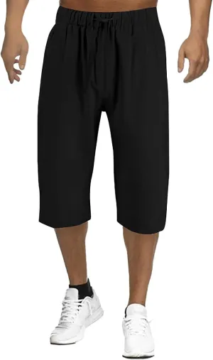 Mens Cotton Linen Pants, Elastic Drawstring Waist Lightweight Casual Beach Capri Short Pant Cropped Trousers with Pocket