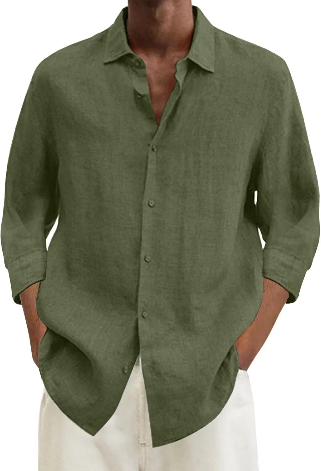 Men's Cotton Linen Shirts Summer Casual Button Down Long Sleeve Shirt Lightweight Loose Turn Down Collar Blouses