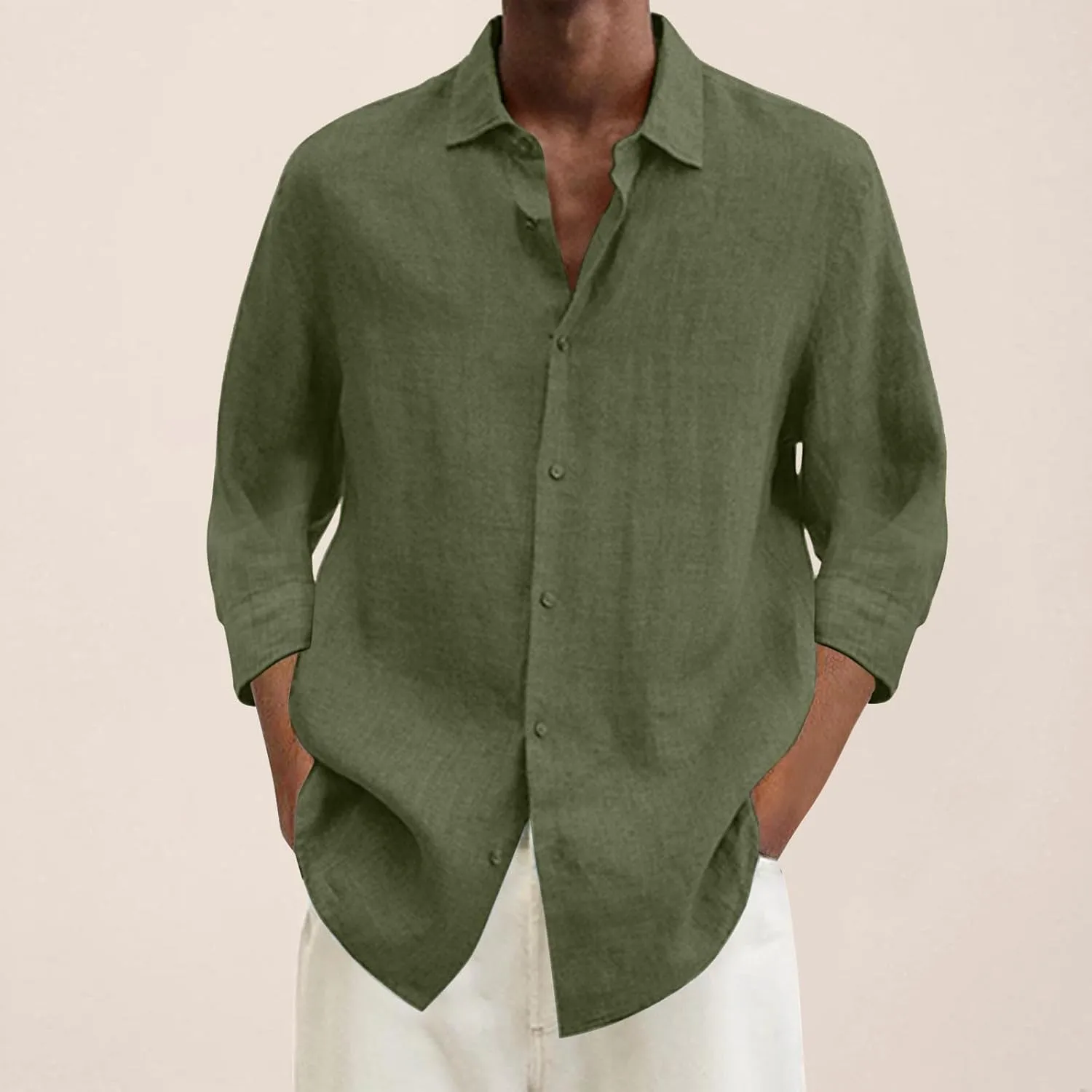 Men's Cotton Linen Shirts Summer Casual Button Down Long Sleeve Shirt Lightweight Loose Turn Down Collar Blouses