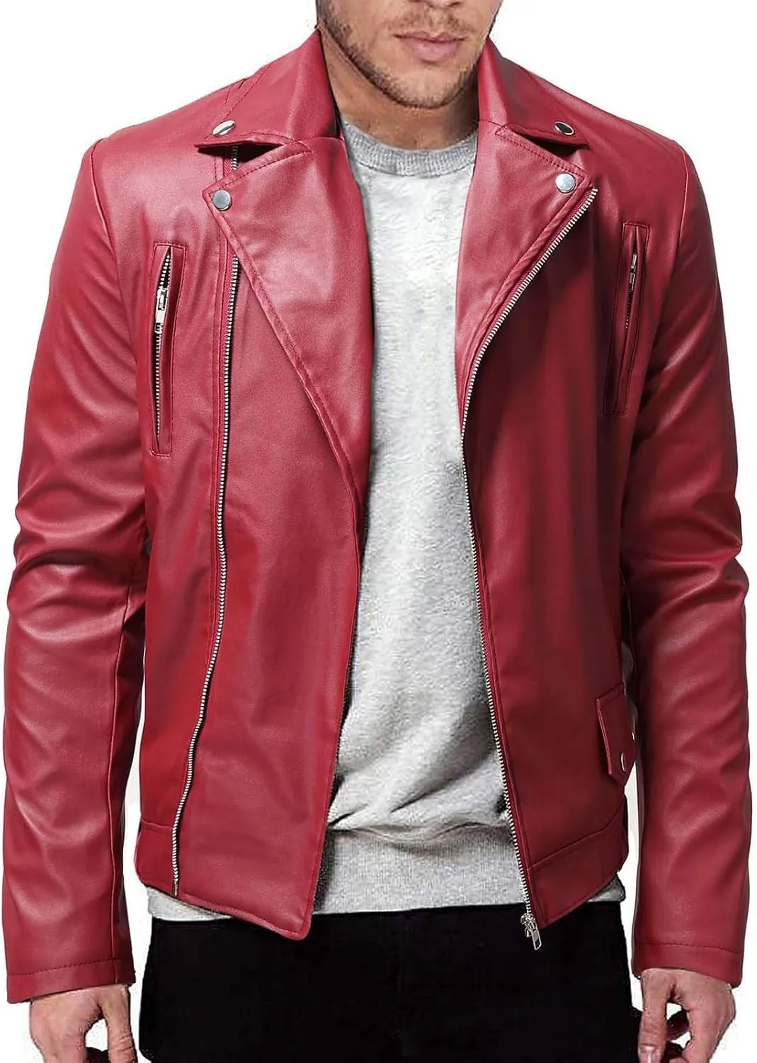 Mens Faux Leather Jacket Slim Fit Casual Lapel Asymmetric Zip Up Bomber Motorcycle Jacket Biker Coat Blazer Jacket