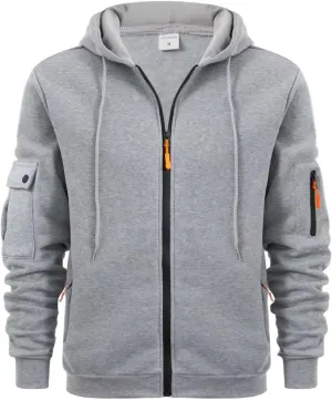 Men's Full-Zip Hoodie Sweatshirt Casual Long Sleeve Shirts Solid Color Pullover Tops Drawstring Pockets Outfit Clothes