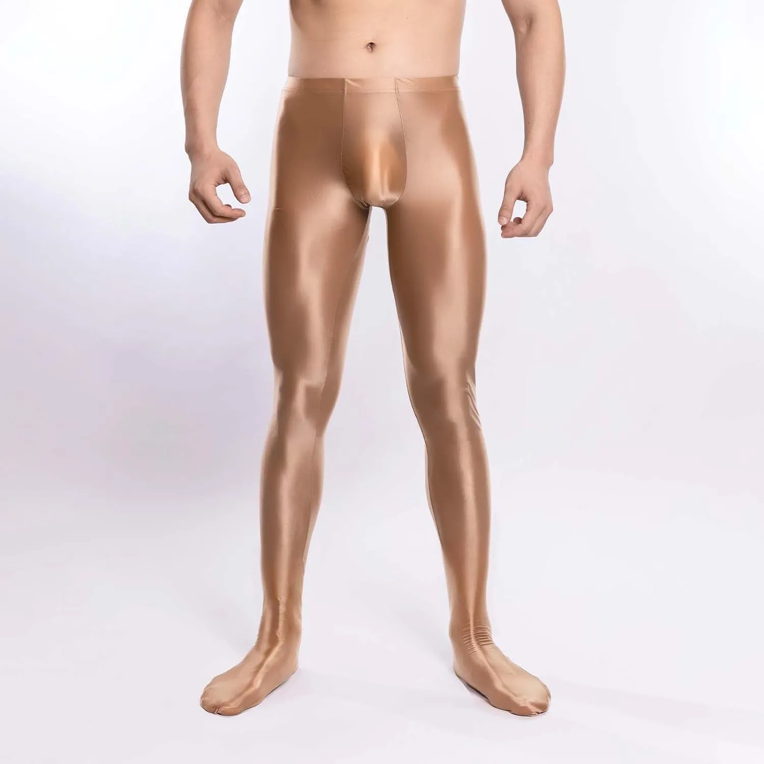 Men's Glossy Compression Tights Pants Footed Leggings Base Layer Training Long Trousers Slim Fit Stretchy Tights