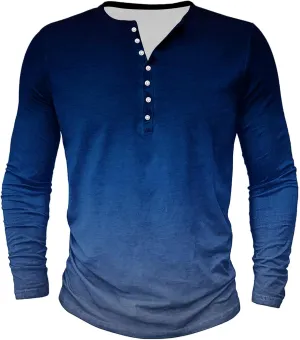 Mens Gradient Henley Shirts Vintage Long Sleeve Tees Casual Button Down V Neck T Shirt for Men Slim Fit Muscle Tops