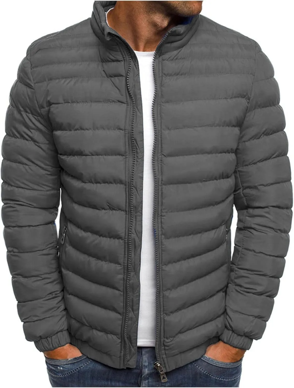 Men's Lightweight Puffer Jacket Full Zip Down Jacket Stand Collar Quilted Coat Packable Insulated Jacket Winter Coats