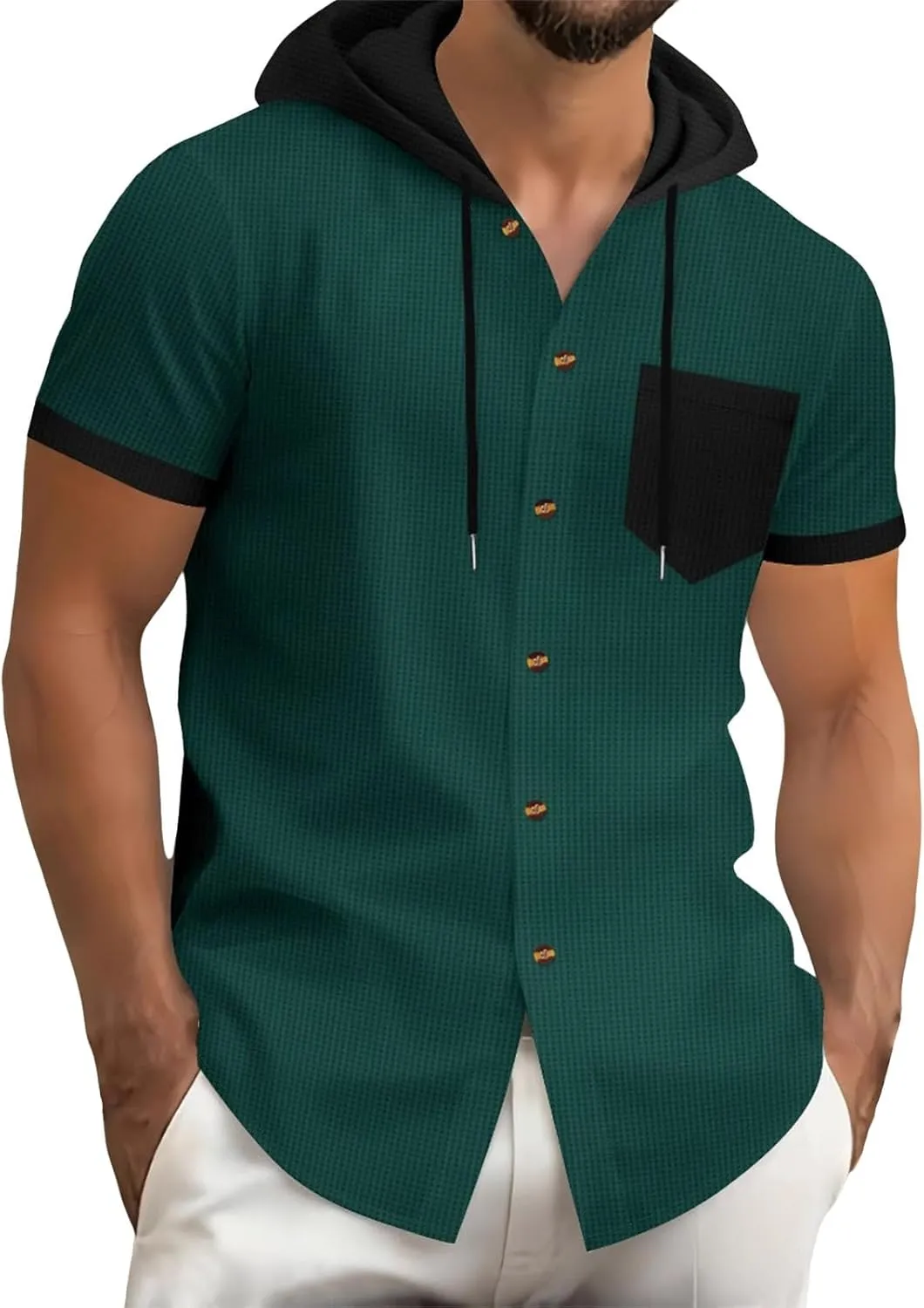 Mens Linen Shirts with Hood Trendy Short Sleeve Button Down Waffle Hooded Shirt Casual Lace Up Cuban Guayabera Blouses