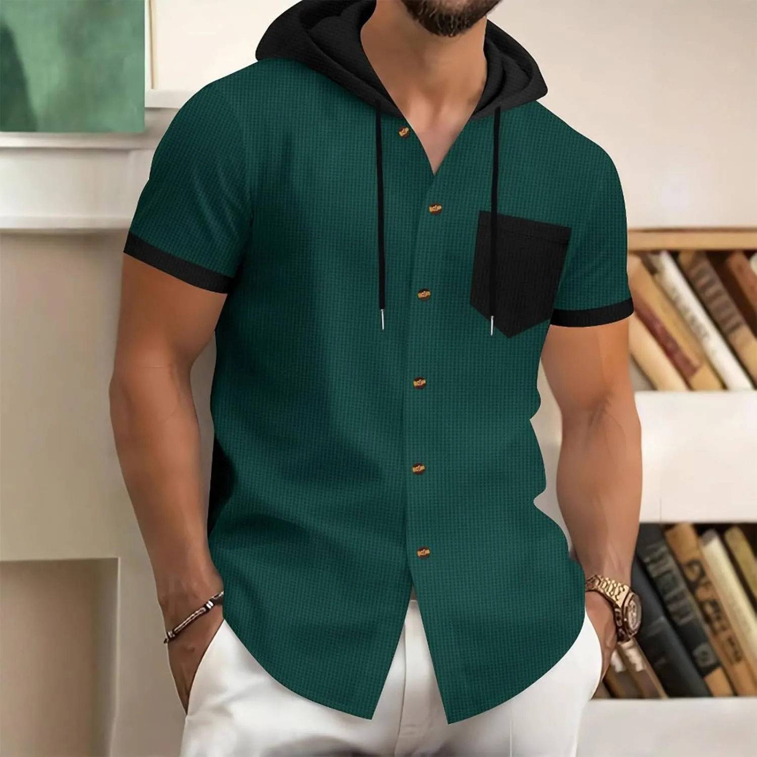 Mens Linen Shirts with Hood Trendy Short Sleeve Button Down Waffle Hooded Shirt Casual Lace Up Cuban Guayabera Blouses