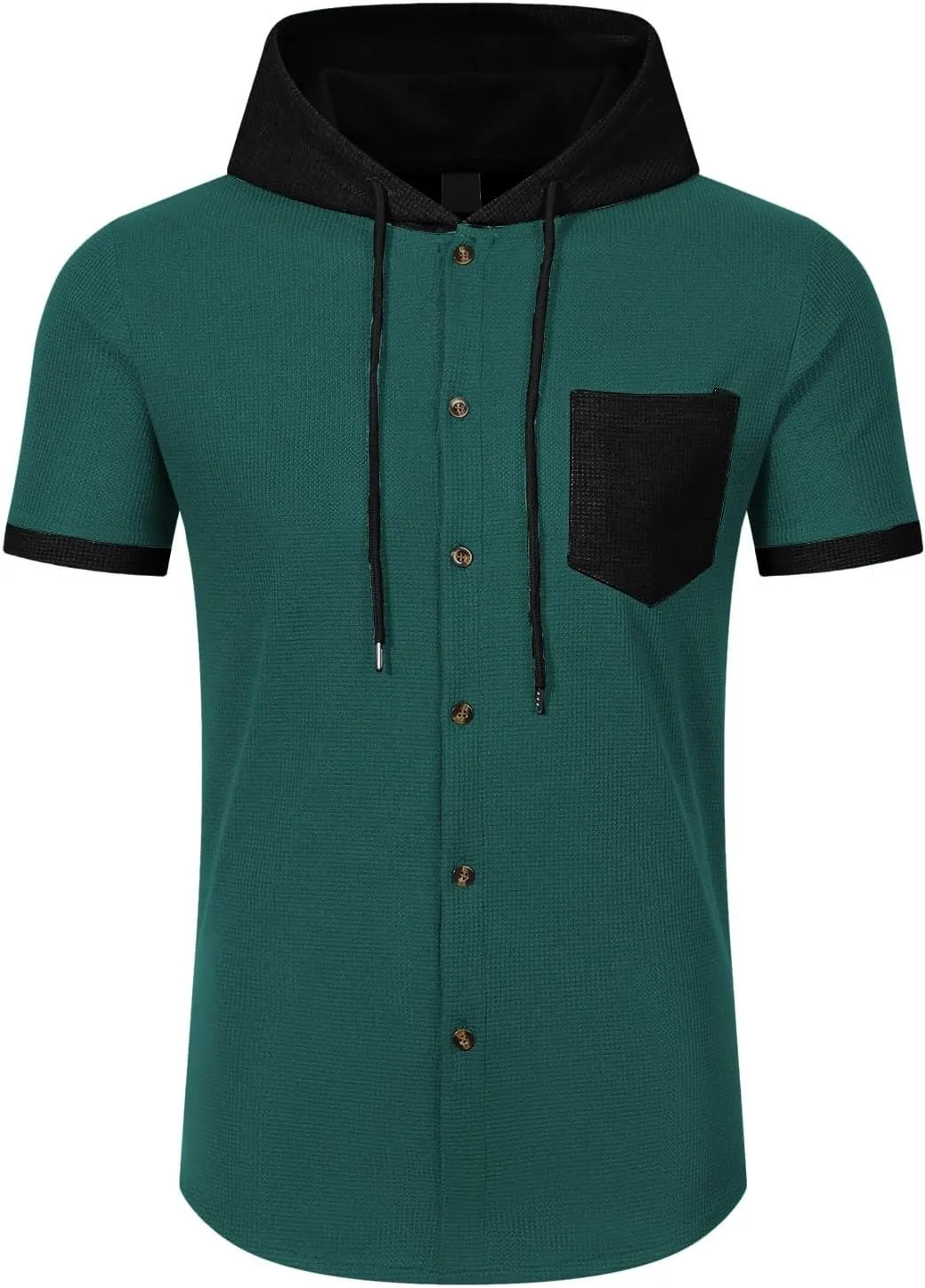 Mens Linen Shirts with Hood Trendy Short Sleeve Button Down Waffle Hooded Shirt Casual Lace Up Cuban Guayabera Blouses