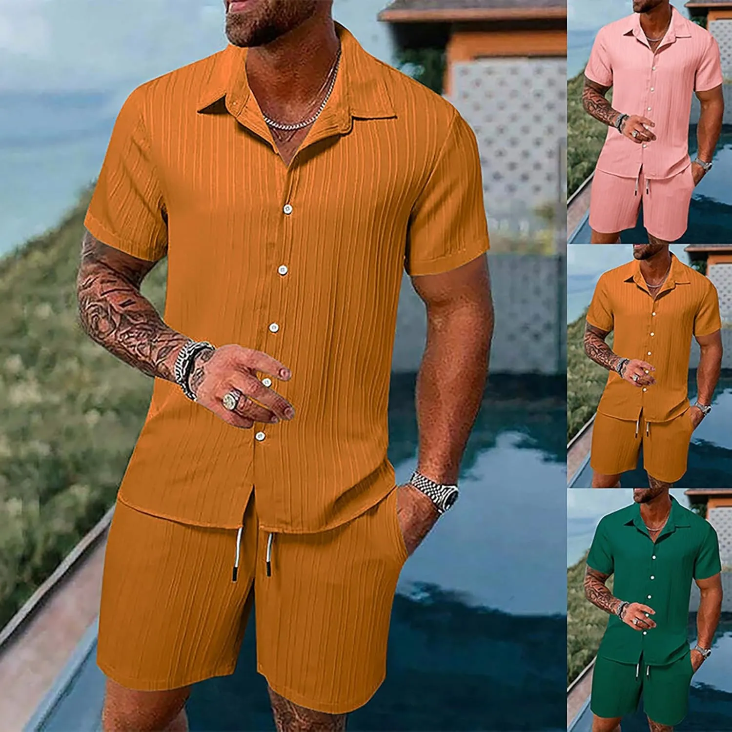 Men's Matching Sets Solid Color Outfits Button Down Lapel Neck T Shirts Shorts Set Big and Tall Soft Sport Suit