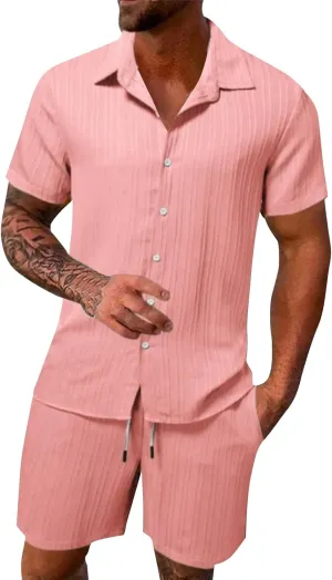 Men's Matching Sets Solid Color Outfits Button Down Lapel Neck T Shirts Shorts Set Big and Tall Soft Sport Suit