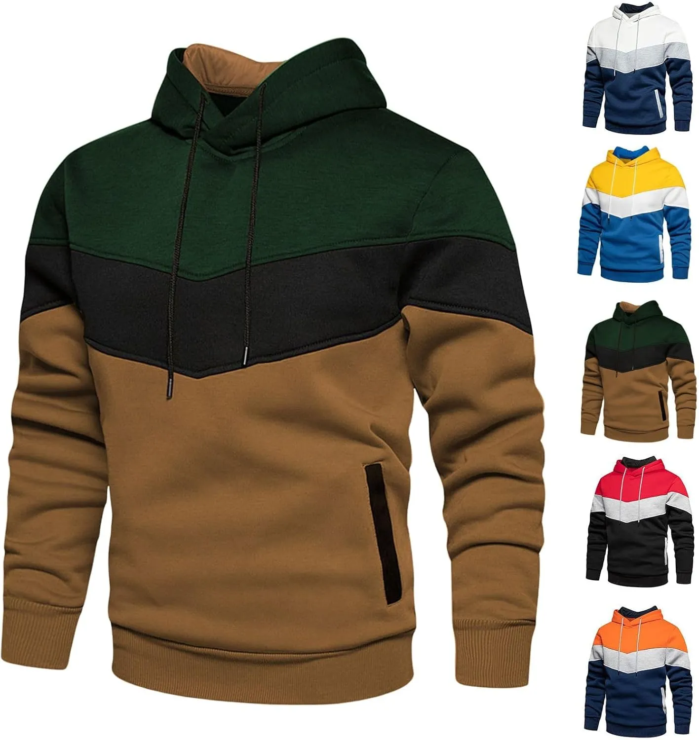 Men's Novelty Color Block Pullover Fleece Hoodie Long Sleeve Casual Lightweight Sweatshirt with Kangaroo Pocket