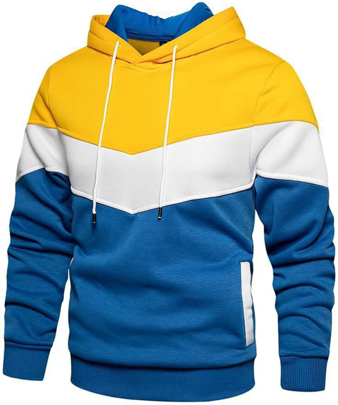 Men's Novelty Color Block Pullover Fleece Hoodie Long Sleeve Casual Lightweight Sweatshirt with Kangaroo Pocket