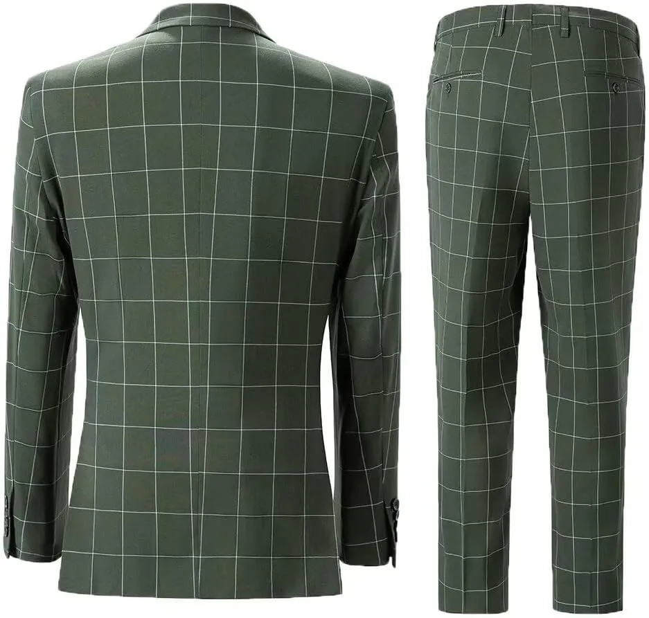 Men's Plaid 3 Pieces Suits Slim Fit Tuxedo Sets for Men Business Formal Wedding Groomsmen Solid Blazer Jacket Vest Pants Sets