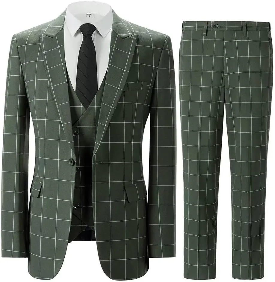 Men's Plaid 3 Pieces Suits Slim Fit Tuxedo Sets for Men Business Formal Wedding Groomsmen Solid Blazer Jacket Vest Pants Sets