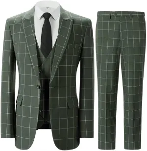 Men's Plaid 3 Pieces Suits Slim Fit Tuxedo Sets for Men Business Formal Wedding Groomsmen Solid Blazer Jacket Vest Pants Sets