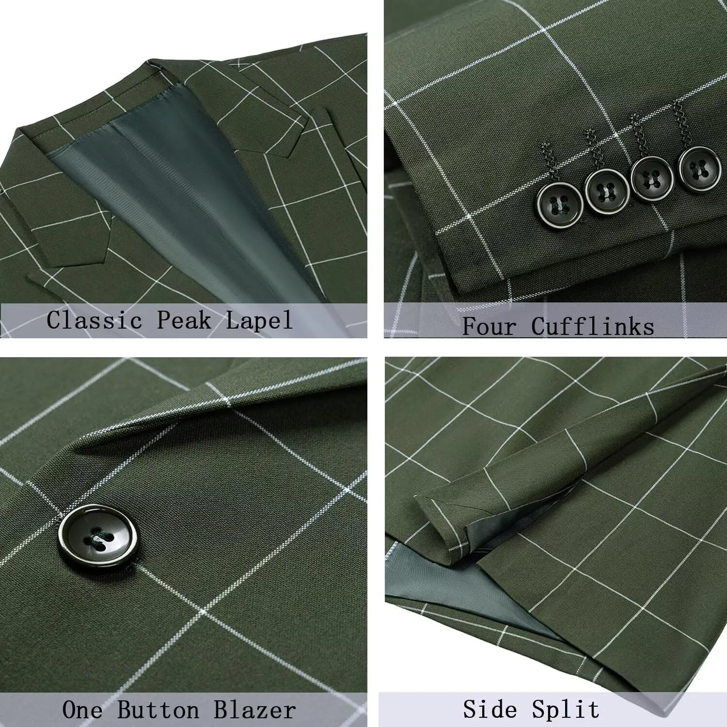 Men's Plaid 3 Pieces Suits Slim Fit Tuxedo Sets for Men Business Formal Wedding Groomsmen Solid Blazer Jacket Vest Pants Sets