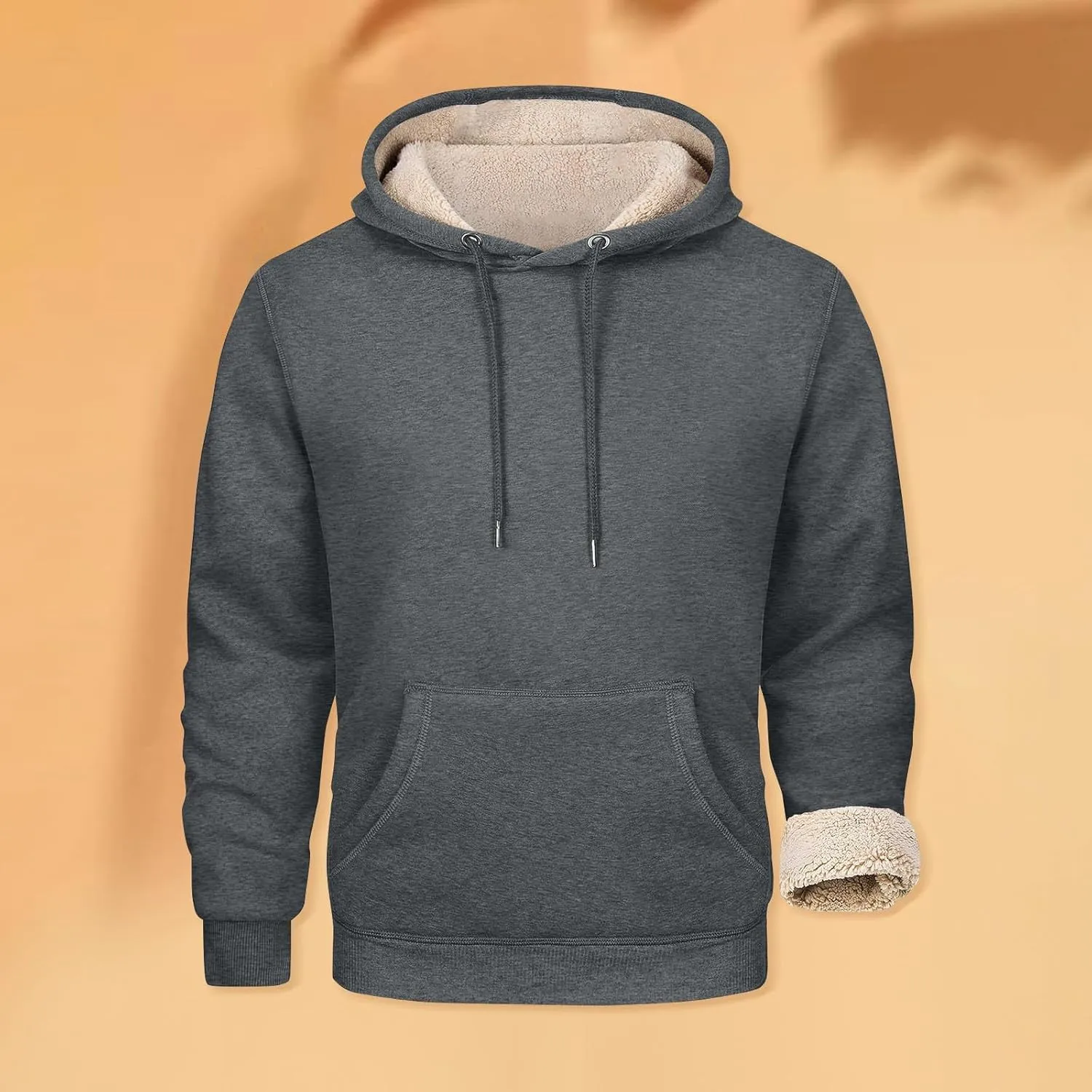 Men's Pullover Heavy Hoodie Sherpa Fleece Lined Kangaroo Pocke Winter Warm Solid Hooded Athletic Sweatshirt