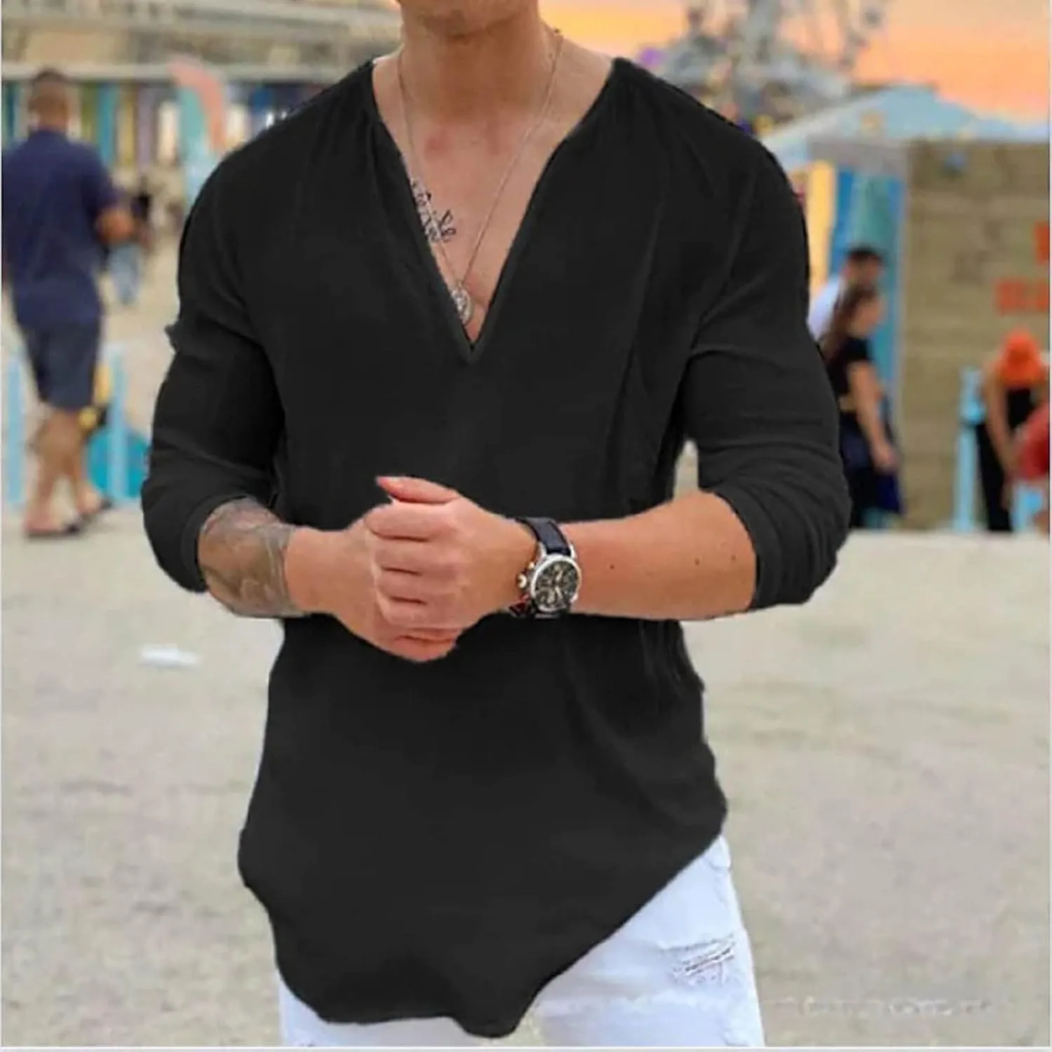 Mens Shirts Casual Cotton Linen V Neck Summer Solid Color Long Sleeve Soft Lightweight Beach T Shirts Loose Blouses