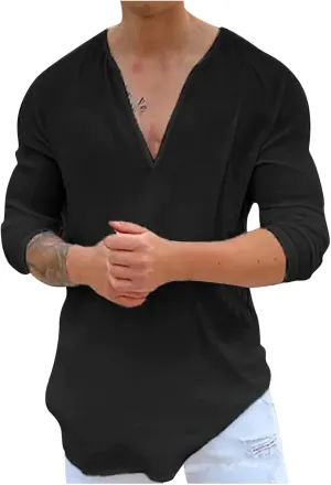 Mens Shirts Casual Cotton Linen V Neck Summer Solid Color Long Sleeve Soft Lightweight Beach T Shirts Loose Blouses