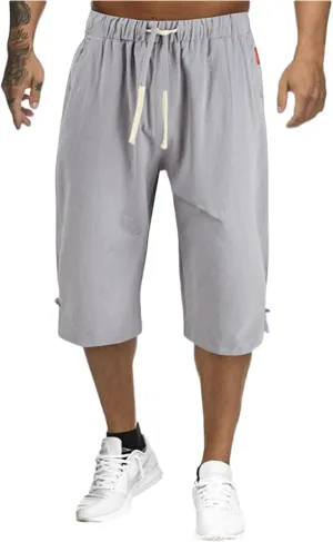 Mens Shorts Cotton Linen Beach Yoga Pants Below Knee Length Casual Loose Fit Canvas Utility Hiker Shorts