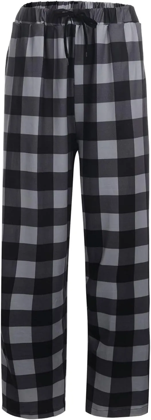 Mens Soft Plaid Long Elastic Waist with 2 Pockets Fleece Sleep Lounge Pajama Bottoms Pants